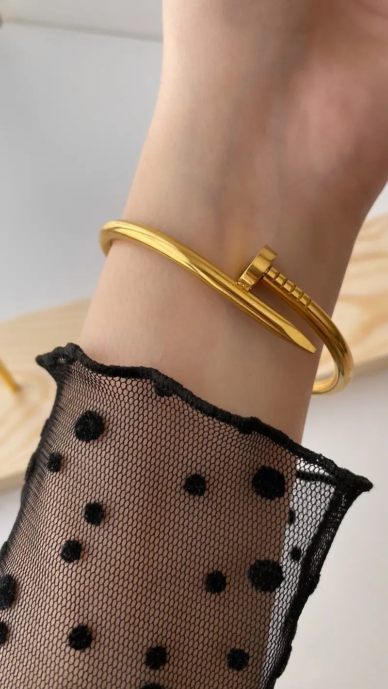 Armwear - Chic Stainless Steel Nail Bracelet for Women with Sleek Finish, Anti Tarnish Jewelry, Aesthetic Cuff for Girls, Minimalist Hand Accessory, Trendy Gift
