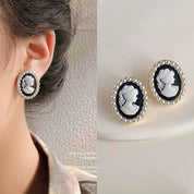 Gold Tone Cameo Stud Earrings with White Seed Pearls and Clear Crystals