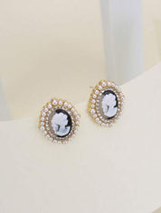 Gold Tone Cameo Stud Earrings with White Seed Pearls and Clear Crystals