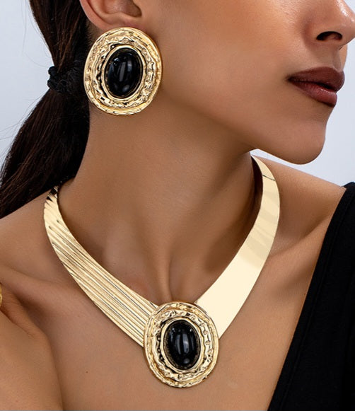 Gold Statement Jewelry Set for Women – Bold Geometric Necklace and Matching Earrings with Black Stone