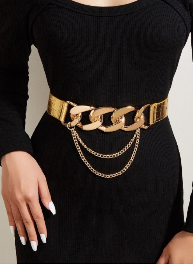 Wide elastic belt with metal chain buckle for women and girls, PU leather gold belt