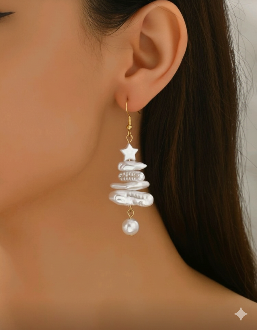 2pcs Fashionable Unique Faux Pearl Christmas Tree Shaped Elegant & Cute Copper Faux Pearl White Pendant Earrings, Suitable For Women's Daily, Party, Christmas Wear, Christmas Gift