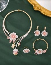 5pcs/Set Elegant Rose Jewelry Set For Valentine's Day 2025, Including Necklace, Bracelet, Ring & Earrings With Gems, Gifts For Her