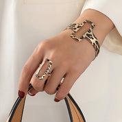 2-Piece Set – Bohemian Metallic Hollow Floral & Geometric Bracelet and Ring for Women