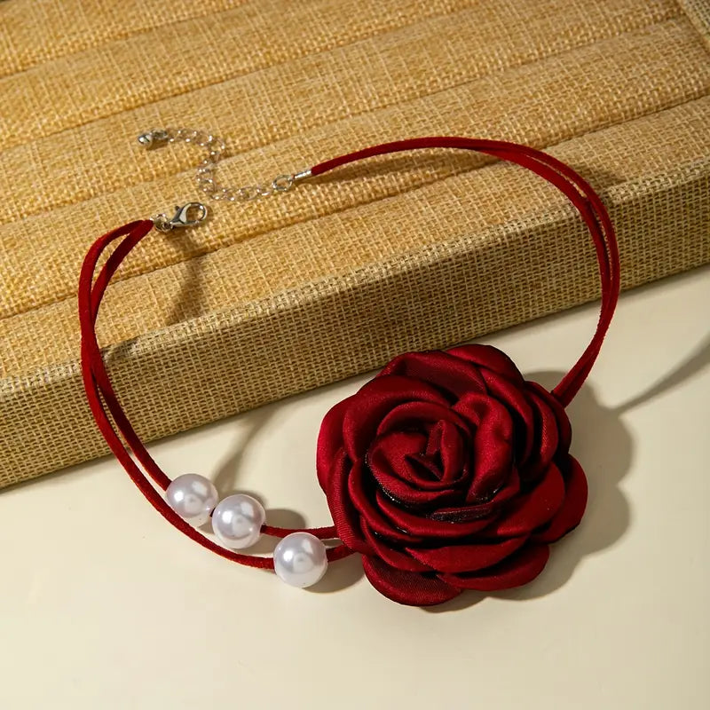 Burgundy Rose Pearl Choker Necklace – Floral Pearl Choker with Elegant Beaded Design