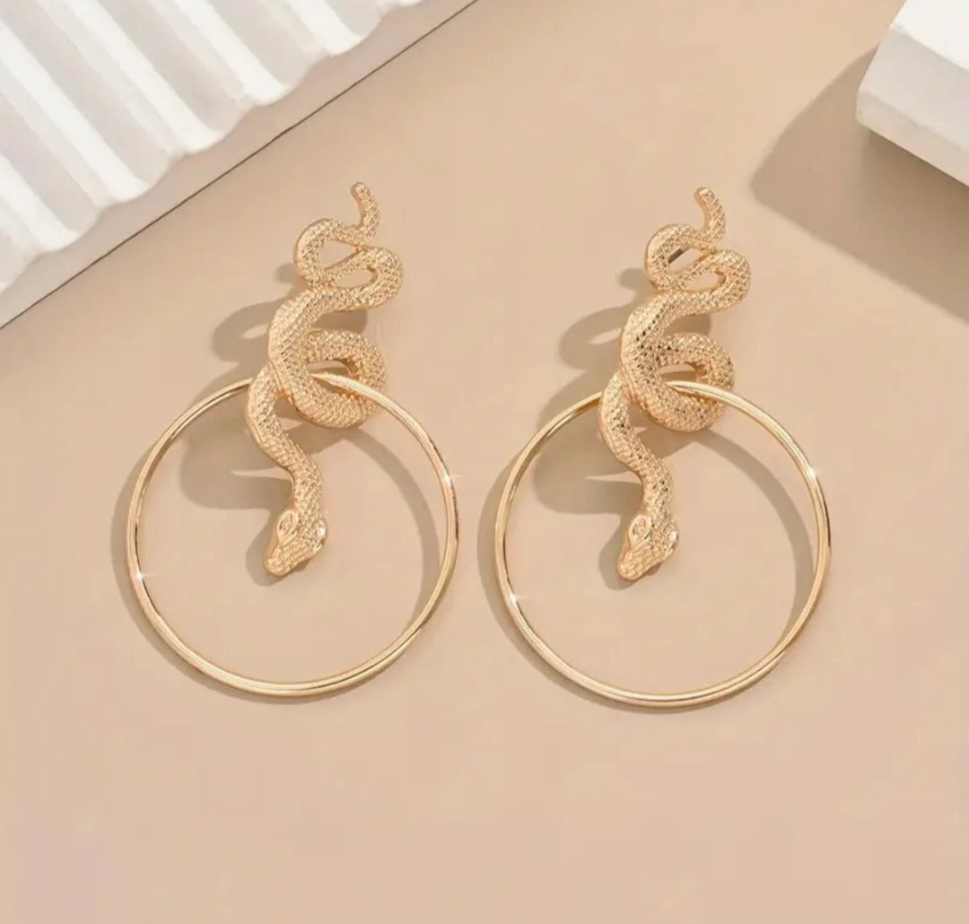 Vintage Exaggerated Geometric Hoop Snake Pendant Earrings