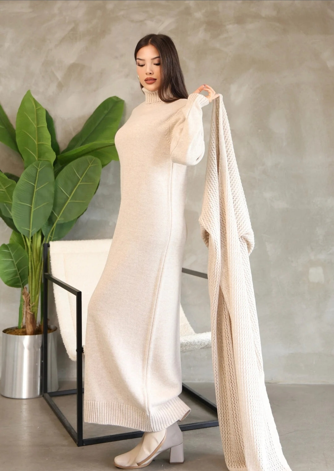 Trendyol Turtleneck Long Sleeve Ankle Length Solid Color Dress Hollowed Out Openwork