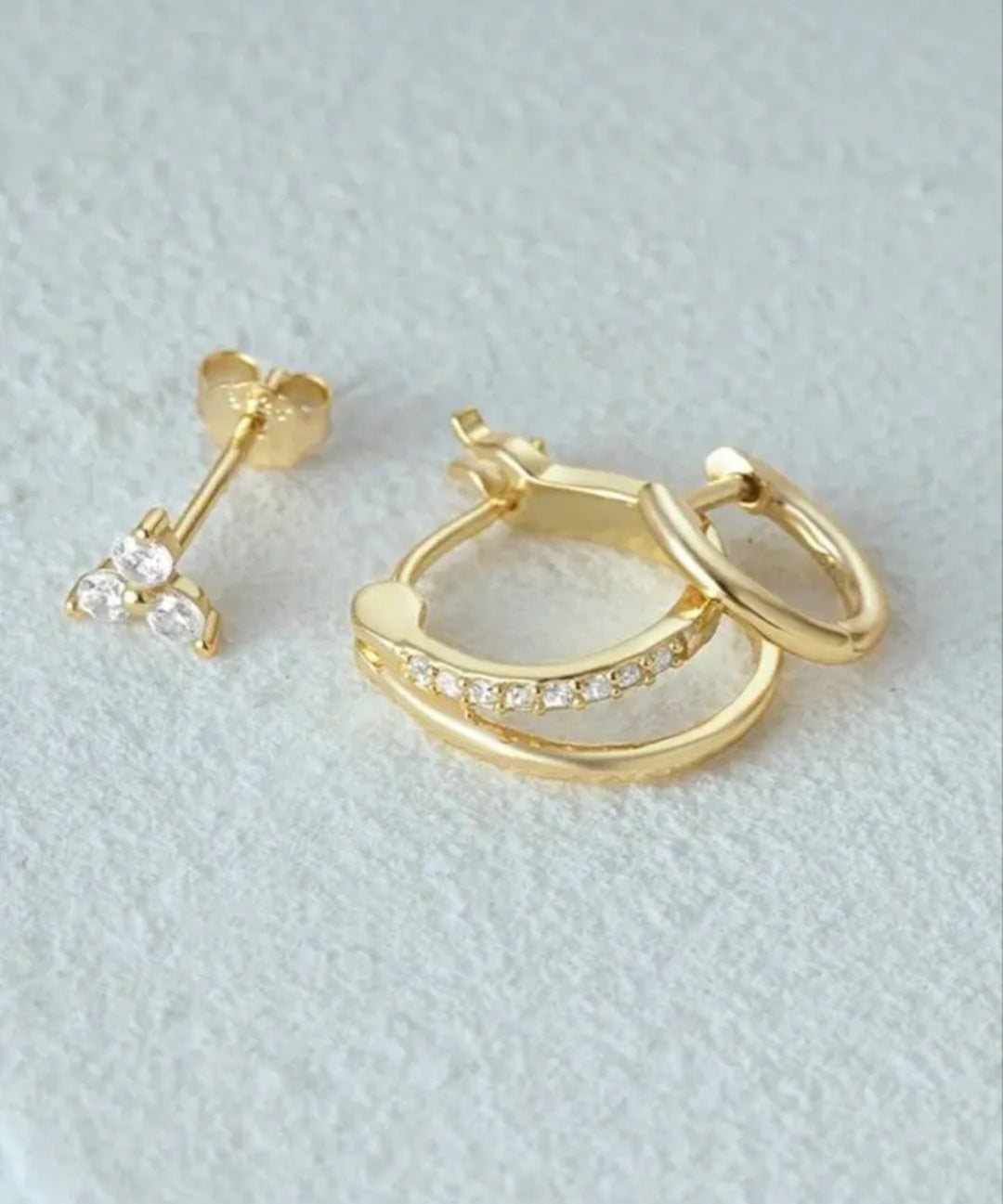 3PCS 925 Sterling Gold Fashion Cubic Zirconia Huggie Hoop Earrings
