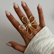 Hollow Flower Opening Ring for Women Large Metal Flower Pearl Adjustable Ring Jewelry Gift
