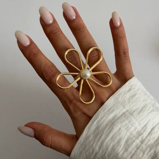 Hollow Flower Opening Ring for Women Large Metal Flower Pearl Adjustable Ring Jewelry Gift
