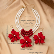 3pcs/Set Women's Jewelry Set, Red Flower 3-Layer Pearl Necklace & Earrings Set, Bohemian Vintage Elegant Fashion Accessories Suitable For Gifts, Parties, Banquets And Daily Wear