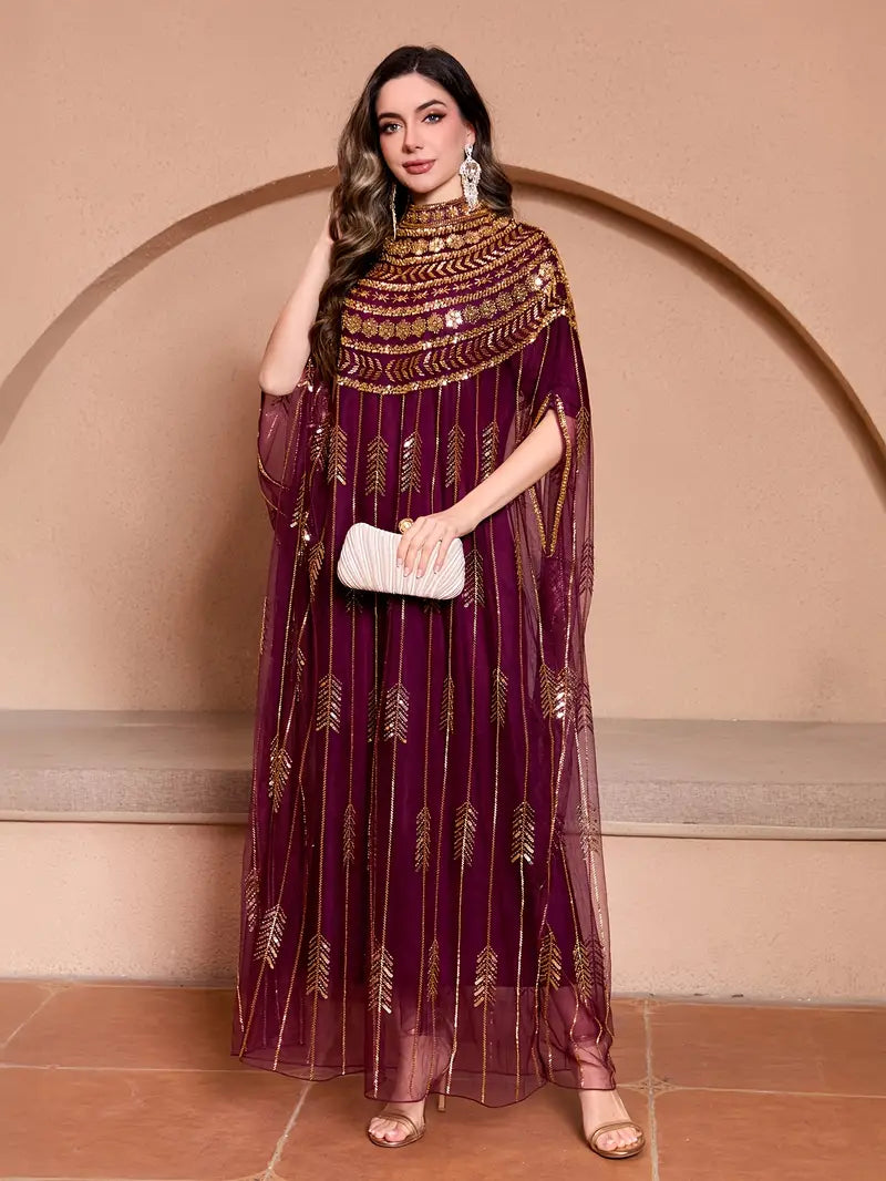 Black & Gold Embellished Cape Maxi Dress