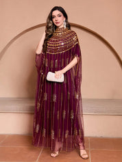 Black & Gold Embellished Cape Maxi Dress