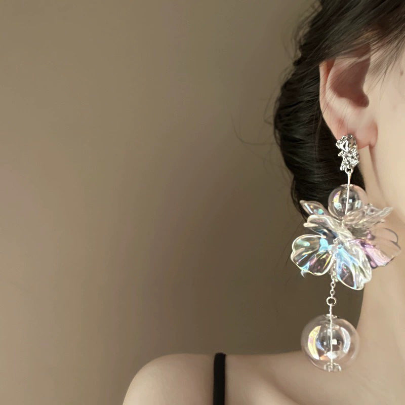 Transparent Crystal Flower Water Ball Earrings for Women, Exaggerated Long Drop Earrings, Bridal Wedding Jewelry Accessories, Christmas Gift