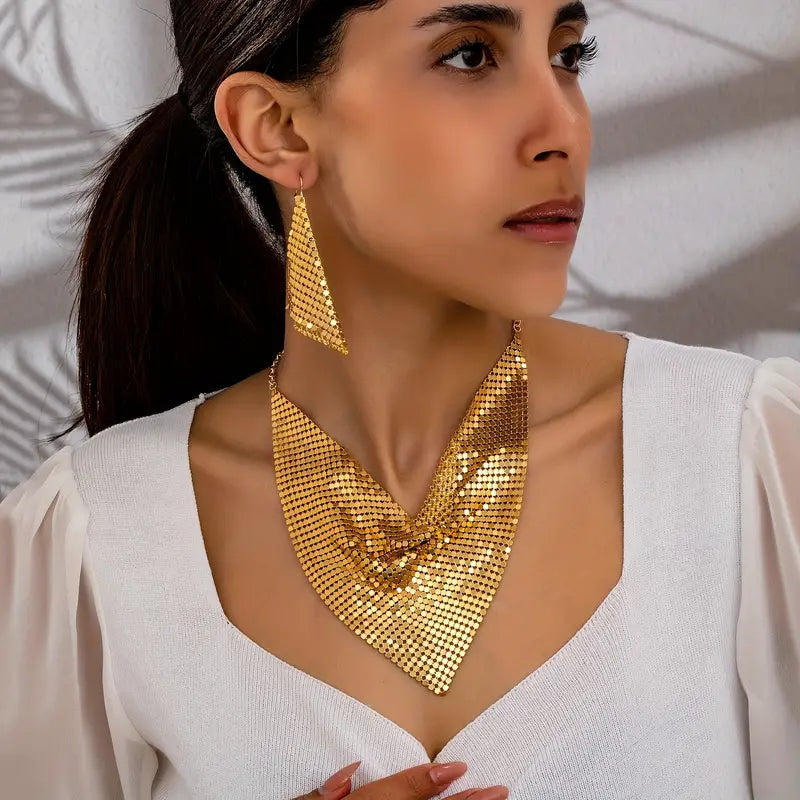 SHEIN NAIZHU 3pcs/Set Fashionable Women’s Exaggerated Leopard Print Metal Texture Necklace & Earrings Set