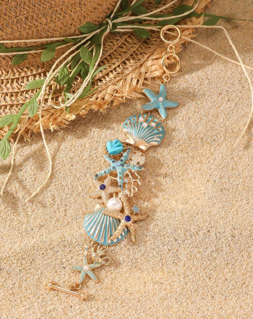 1pc New Bohemian Style Vintage Oceanic Shell & Starfish Inlaid Rhinestone Heavy-Duty Women's Bangle Bracelet