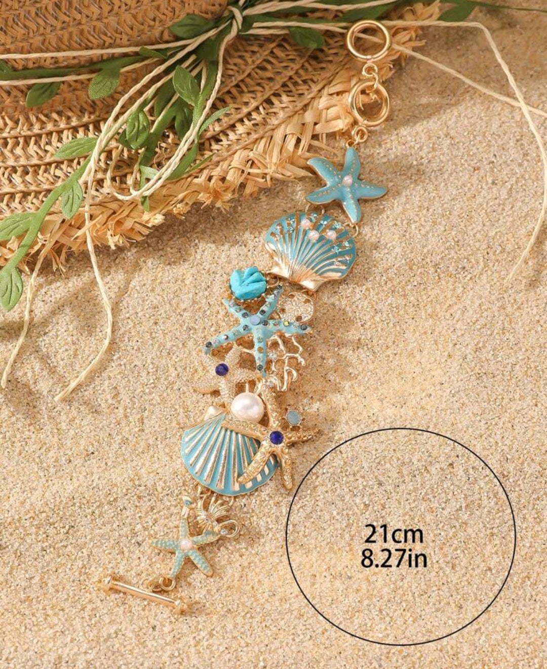 1pc New Bohemian Style Vintage Oceanic Shell & Starfish Inlaid Rhinestone Heavy-Duty Women's Bangle Bracelet