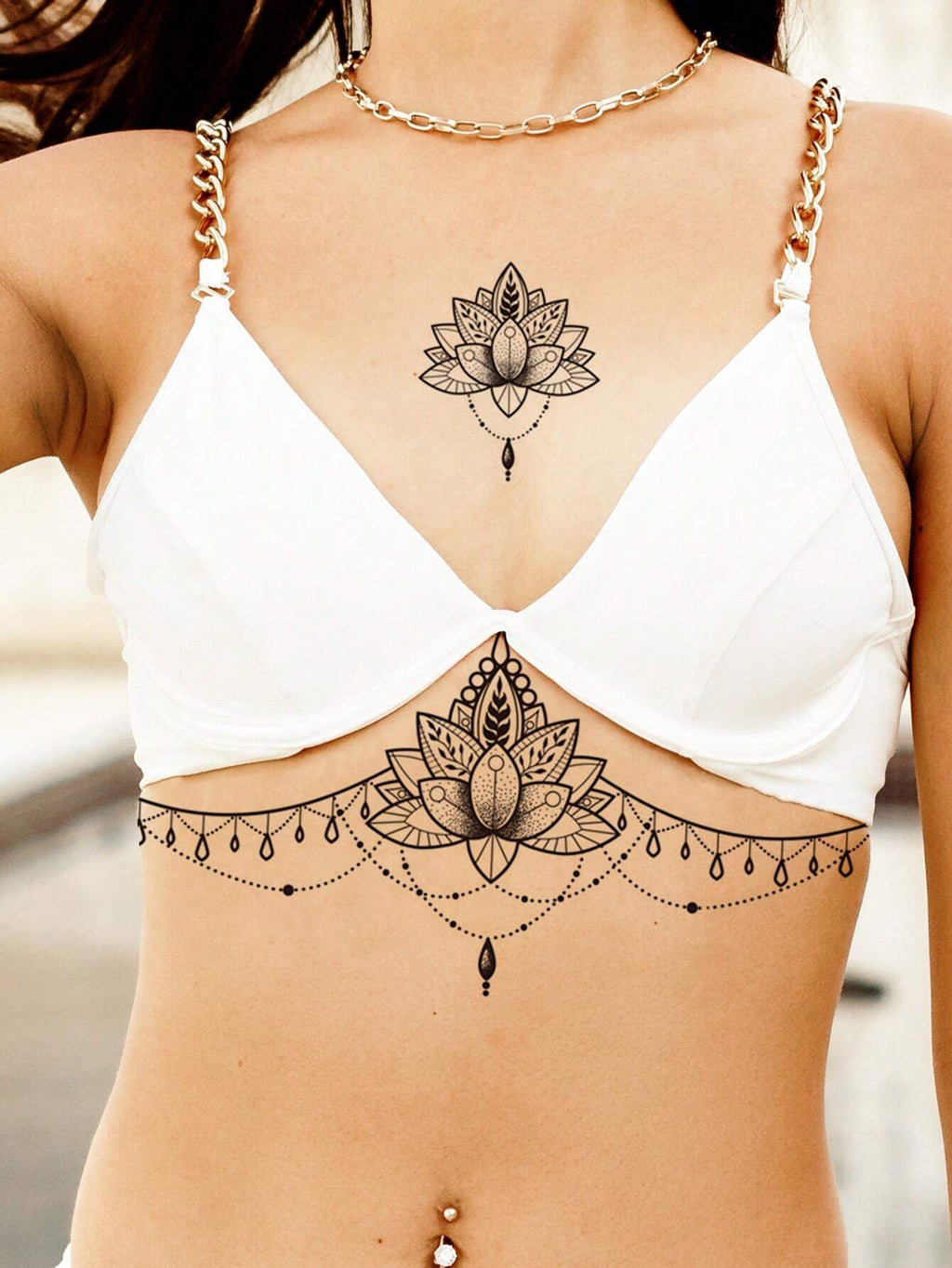 Waterproof Temporary Tattoo Sticker with Floral & Geometric Patterns, Fake Flash Chest Tattoo for Girls & Women