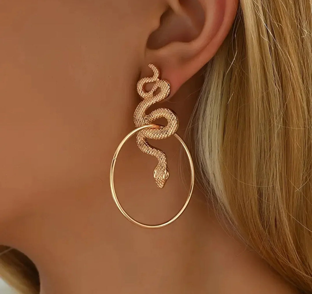 Vintage Exaggerated Geometric Hoop Snake Pendant Earrings