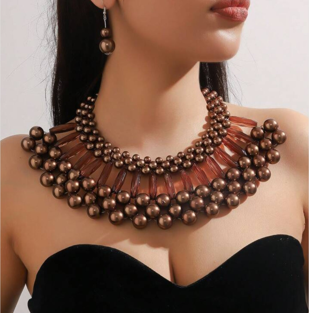 1 Set of Two-Layer Imitation Pearl Jewelry, Blue Necklace and Earrings Set for Party"