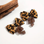 Leopard Bow Drop Earrings with Geometric Bead Charms
