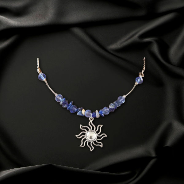 Blue Boho Sun and Stone Silver Necklace