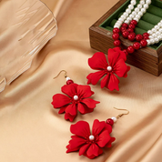 3pcs/Set Women's Jewelry Set, Red Flower 3-Layer Pearl Necklace & Earrings Set, Bohemian Vintage Elegant Fashion Accessories Suitable For Gifts, Parties, Banquets And Daily Wear