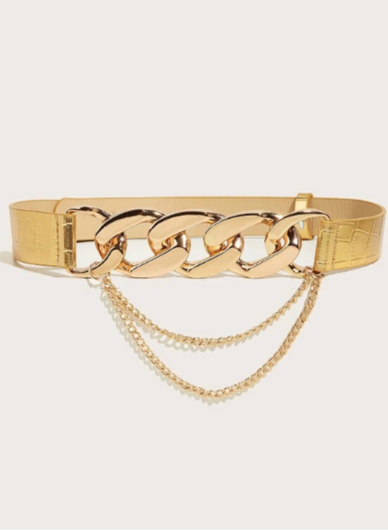 Wide elastic belt with metal chain buckle for women and girls, PU leather gold belt