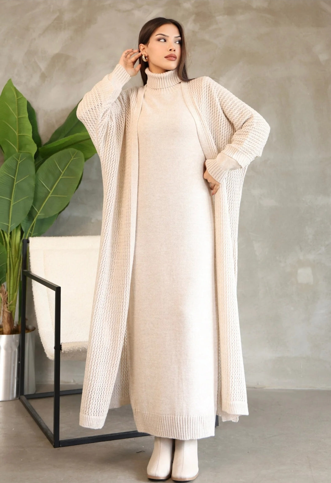 Trendyol Turtleneck Long Sleeve Ankle Length Solid Color Dress Hollowed Out Openwork