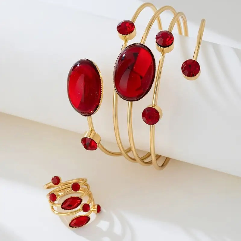 French Gemstone Rhinestone Round Line Wrapped Geometric Bracelet Ring Set Opening Adjustment