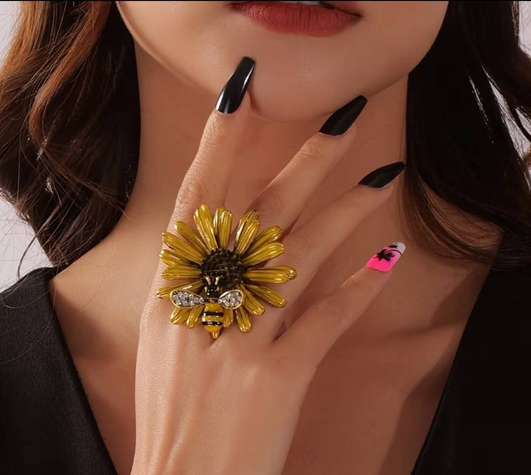 Enamel Sunflower and Honeybee Statement Ring
