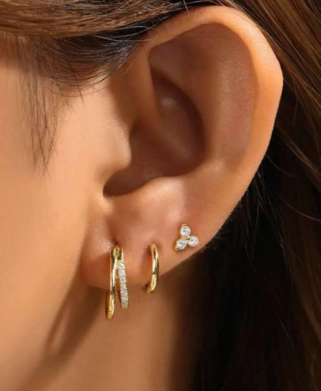 3PCS 925 Sterling Gold Fashion Cubic Zirconia Huggie Hoop Earrings