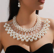 1 Set of Two-Layer Imitation Pearl Jewelry, Blue Necklace and Earrings Set for Party"