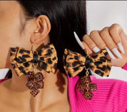 Leopard Bow Drop Earrings with Geometric Bead Charms