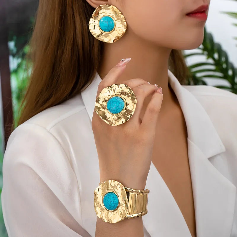 Glam Vintage Style Round Alloy Inlay Turquoise Women's Jewelry Set