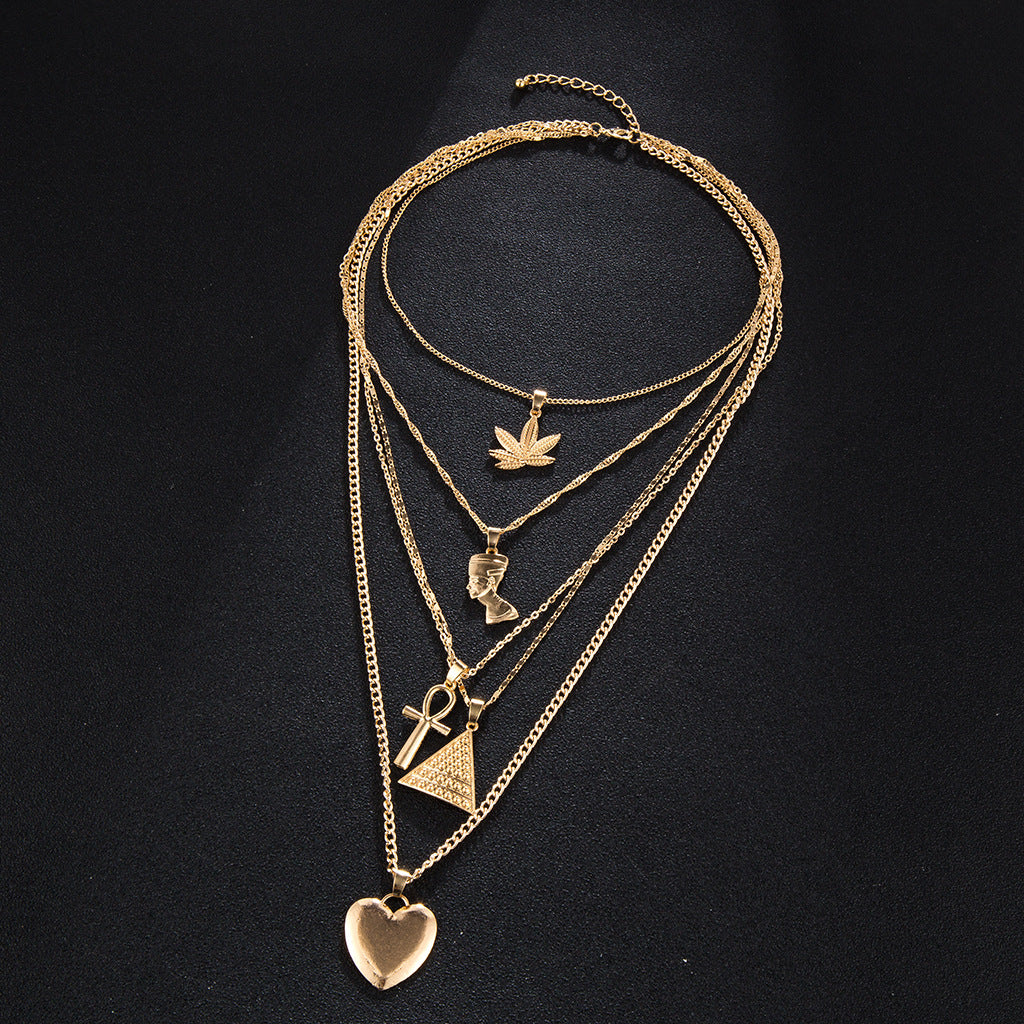 ACEDRE Boho Layered Pendant Necklace Gold Egyptian Heart Necklaces African Costume Chain Jewelry for Women