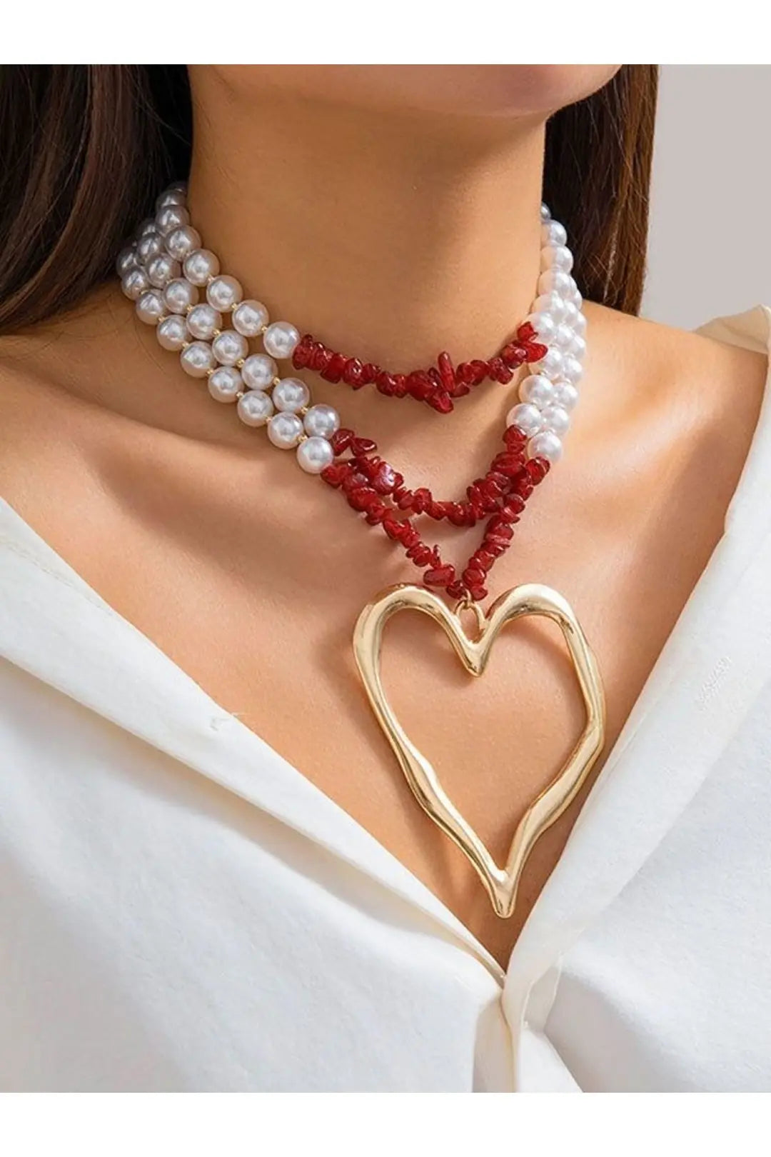 Exaggerated Big Hollow Out Heart Necklace Vintage Natural Stone Turquoise Necklace Stackable Pearl Necklace Holiday Jewelry Gifts