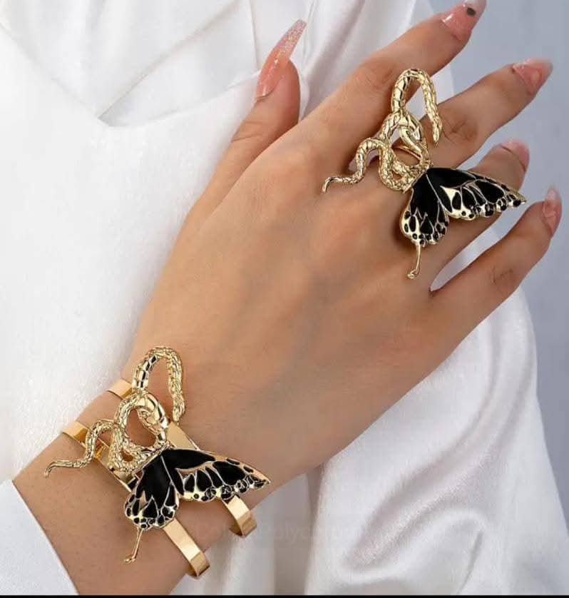 Golden Snake & Butterfly Statement Jewelry Set – Adjustable Ring & Cuff Bracelet