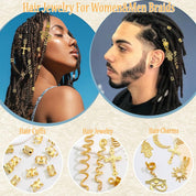 27PCS Gold Hair Jewelry for Braids Loc Jewelry Cross Braid Clips Multi Style Loc Dreadlock Beads Sprial Hair Decoration Metal Hair Cuffs Rings Braid Accessories for Women and Mens