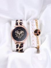 SOKI Women's 3-Piece Watch Set, Women's Quartz Watch with Leopard Print PU Strap and Love Dial, Personalized Fashion Necklace and Bracelet Set, Perfect Gift for Women (Without Box)
