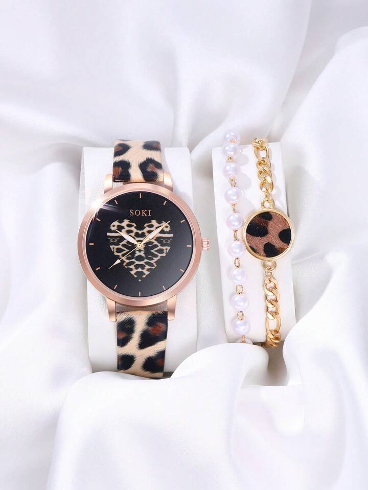 SOKI Women's 3-Piece Watch Set, Women's Quartz Watch with Leopard Print PU Strap and Love Dial, Personalized Fashion Necklace and Bracelet Set, Perfect Gift for Women (Without Box)
