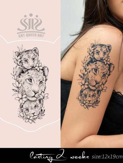 Beautiful temporary tattoo of a lion family with flowers. Elegant and detailed design. Perfect for showcasing a unique look. – Easy to apply and remove.