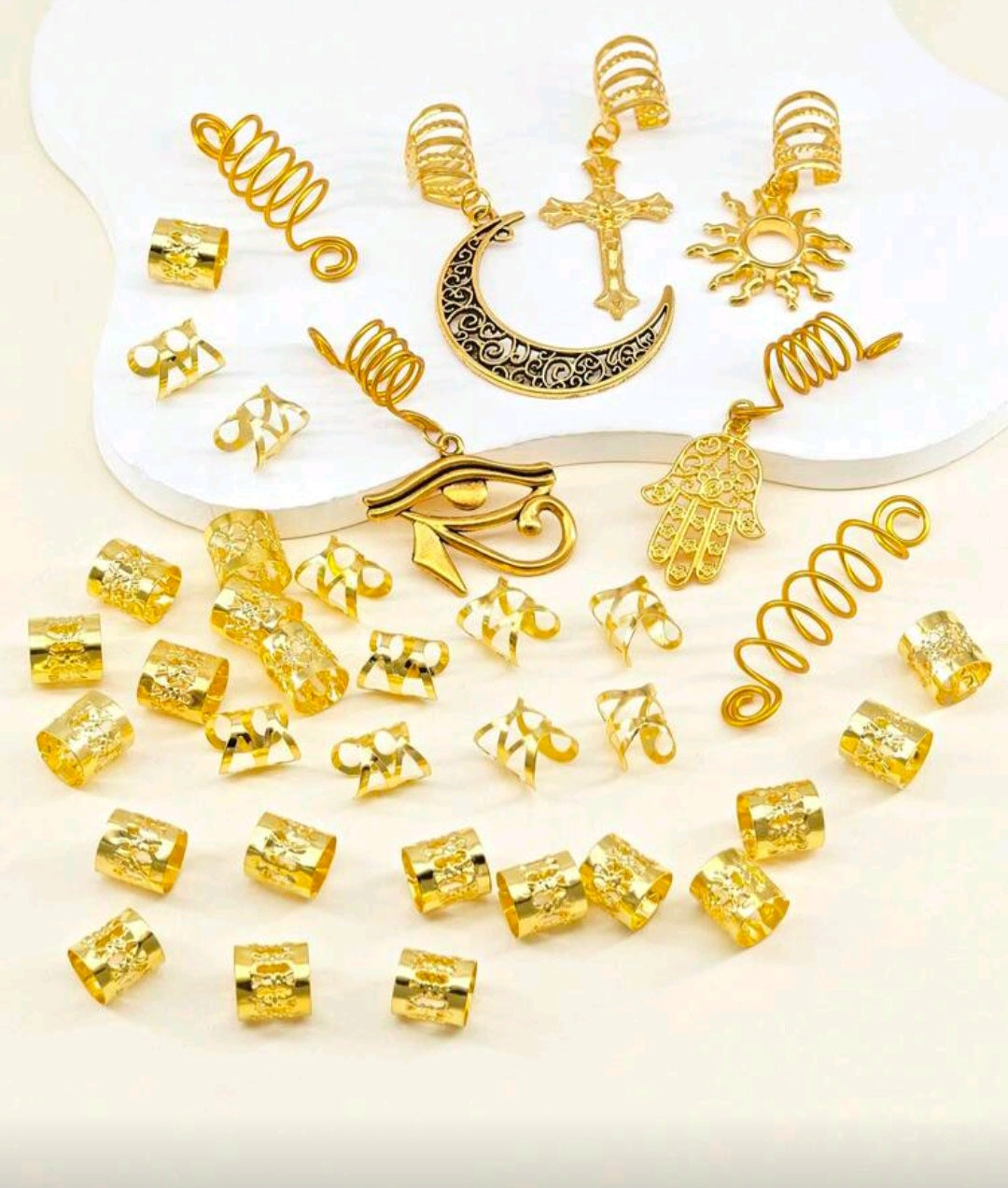 27PCS Gold Hair Jewelry for Braids Loc Jewelry Cross Braid Clips Multi Style Loc Dreadlock Beads Sprial Hair Decoration Metal Hair Cuffs Rings Braid Accessories for Women and Mens
