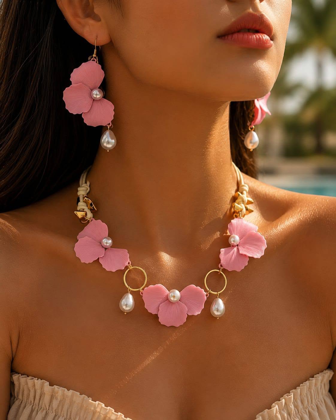 Tropical Matte Pink Orchid Flower & Pearl Statement Jewelry Set (Necklace & Earrings)