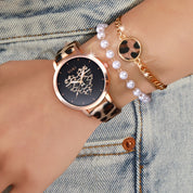 SOKI Women's 3-Piece Watch Set, Women's Quartz Watch with Leopard Print PU Strap and Love Dial, Personalized Fashion Necklace and Bracelet Set, Perfect Gift for Women (Without Box)