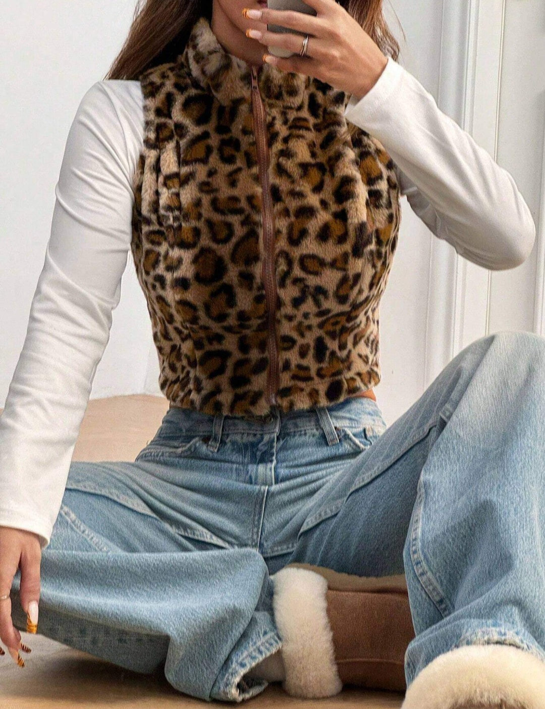 SHEIN EZwear Women’s Leopard Print Fleece Zip-Up Sleeveless Jacket