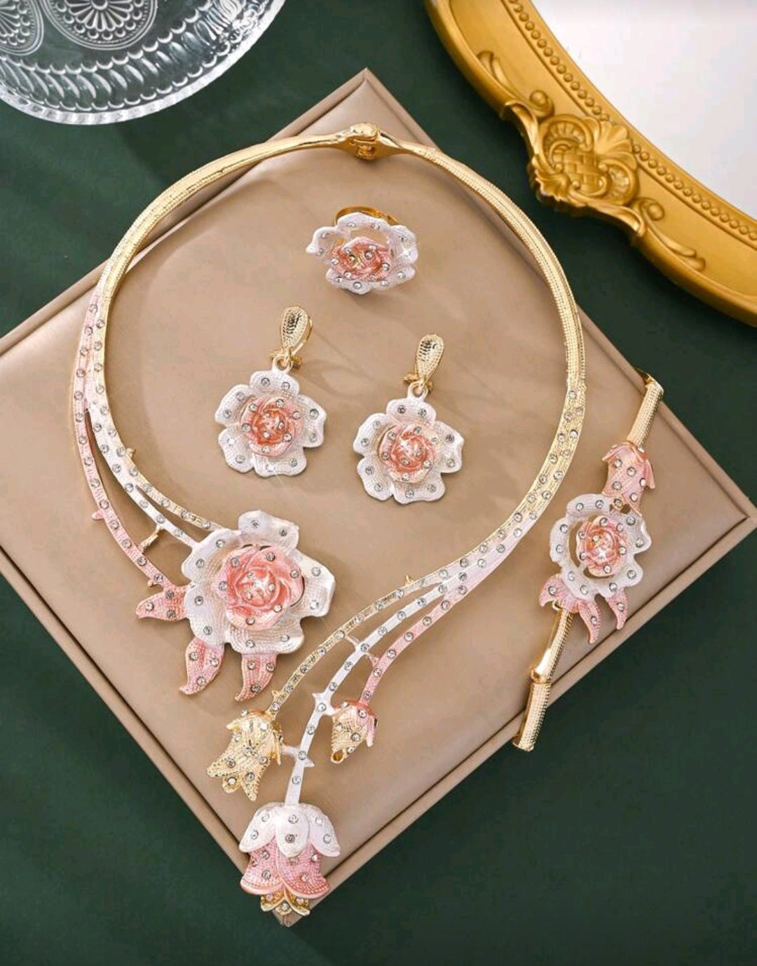 5pcs/Set Elegant Rose Jewelry Set For Valentine's Day 2025, Including Necklace, Bracelet, Ring & Earrings With Gems, Gifts For Her