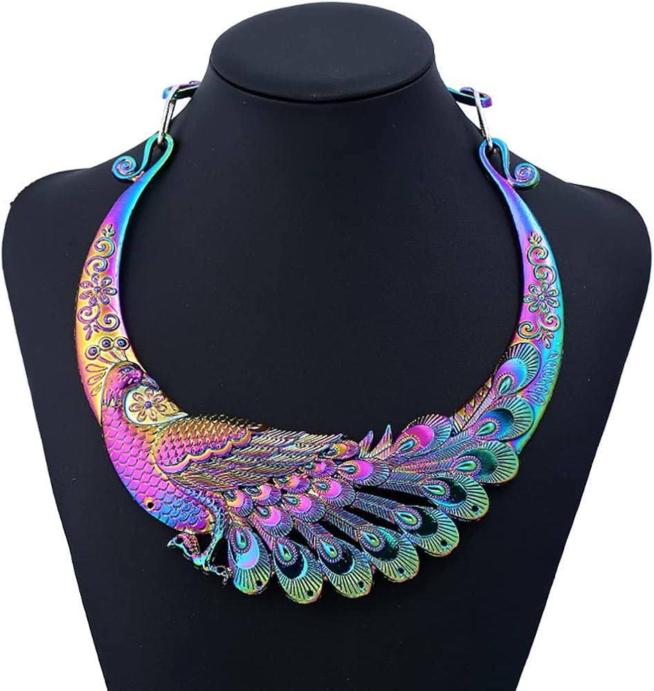 RUITASA Vintage Ethnic Carved Peacock Necklace Chunky Collar Choker Jewelry Necklace for Women