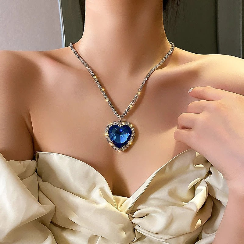 Titanic Blue Ocean Heart "Love Forever" necklace with velvet pouch.