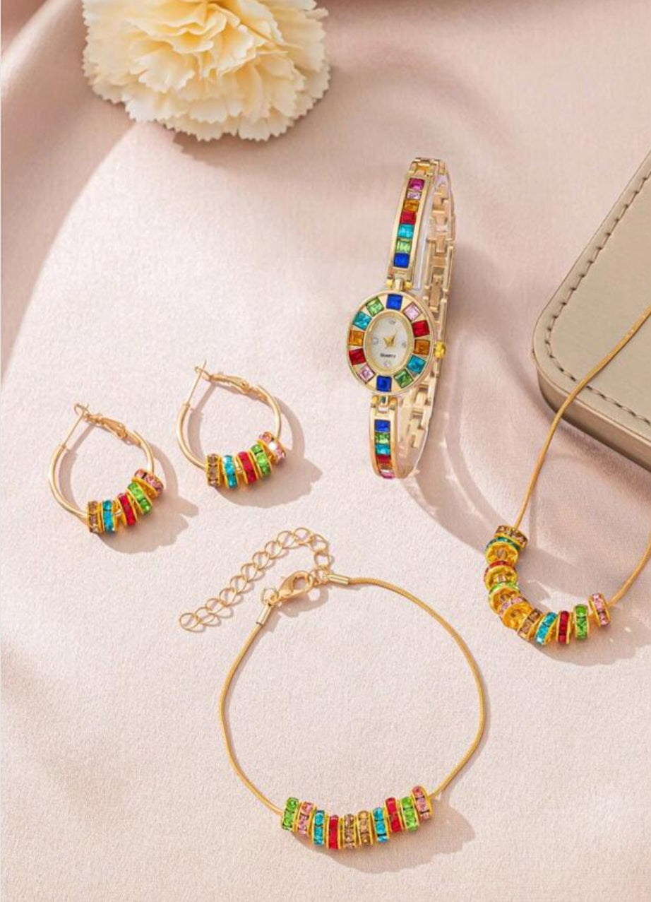 1 Set Ladies Watch Rhinestone & Bead Necklace Bracelet Decor Jewelry Set And Pre-Owned Ladies' Niche Luxury Fashionable Ins Style Elegant Watch Bracelet Suitable For Daily Wear Party And Other Occasions